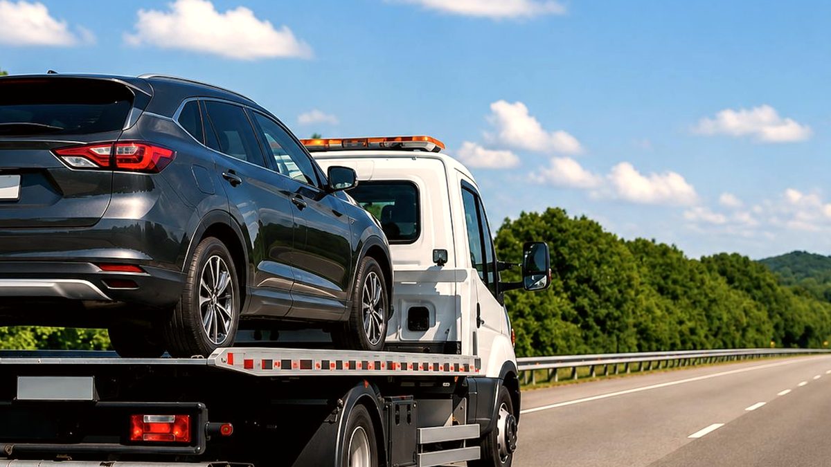 Flatbed tow truck hauling an SUV near Frankfort, KY